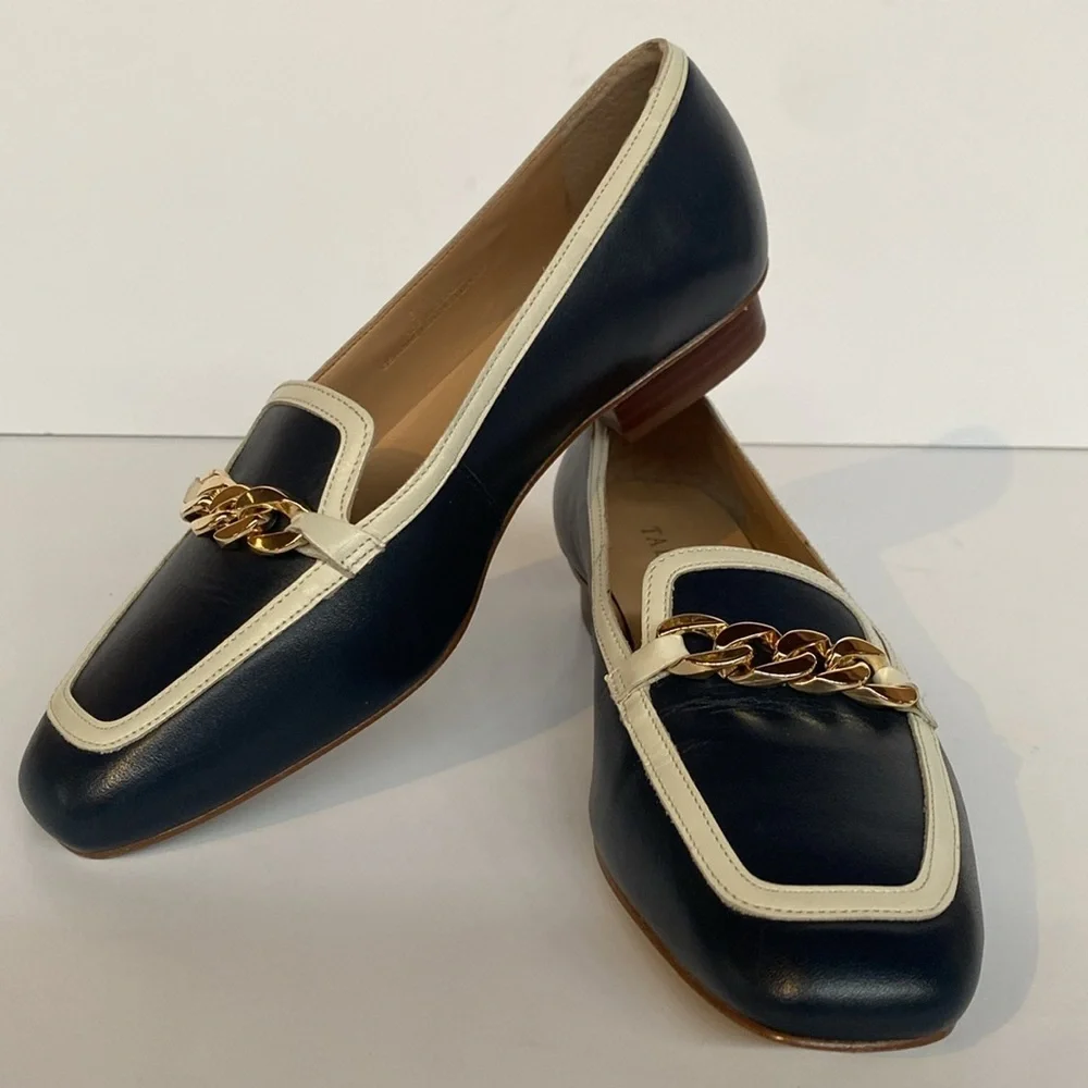 Talbots Estelle Chain Square Toe Leather Loafers Navy White Sz 6.5